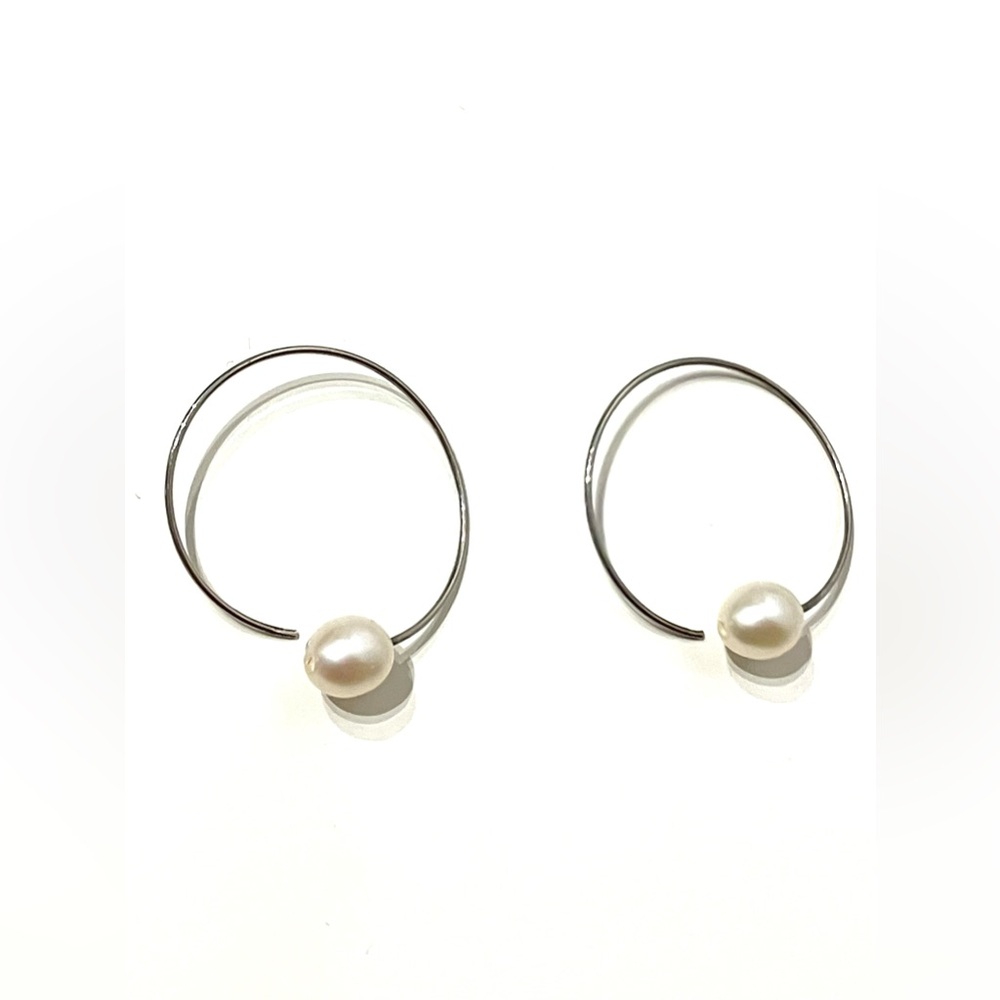 Silver Tone Freshwater Pearl Wire Hoop Earrings